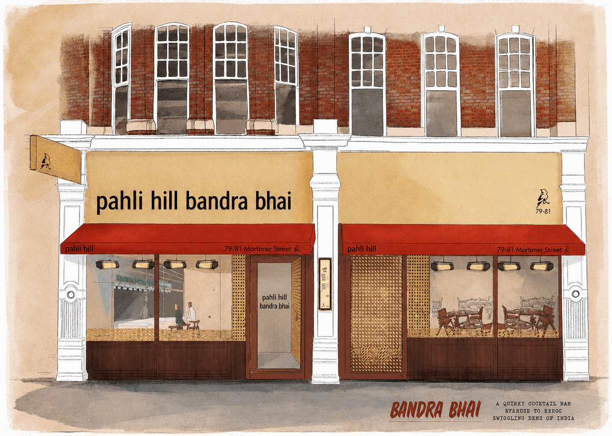 Hand-drawn sketch of the Pahli Hill Bandra Bhai shopfront